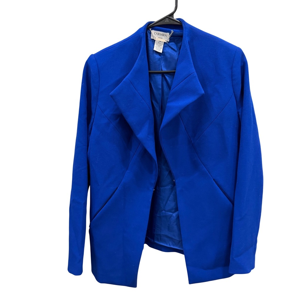 Carmen Marc Valvo Royal Blue Petite Blazer Open Front Architectural Lapel PM
